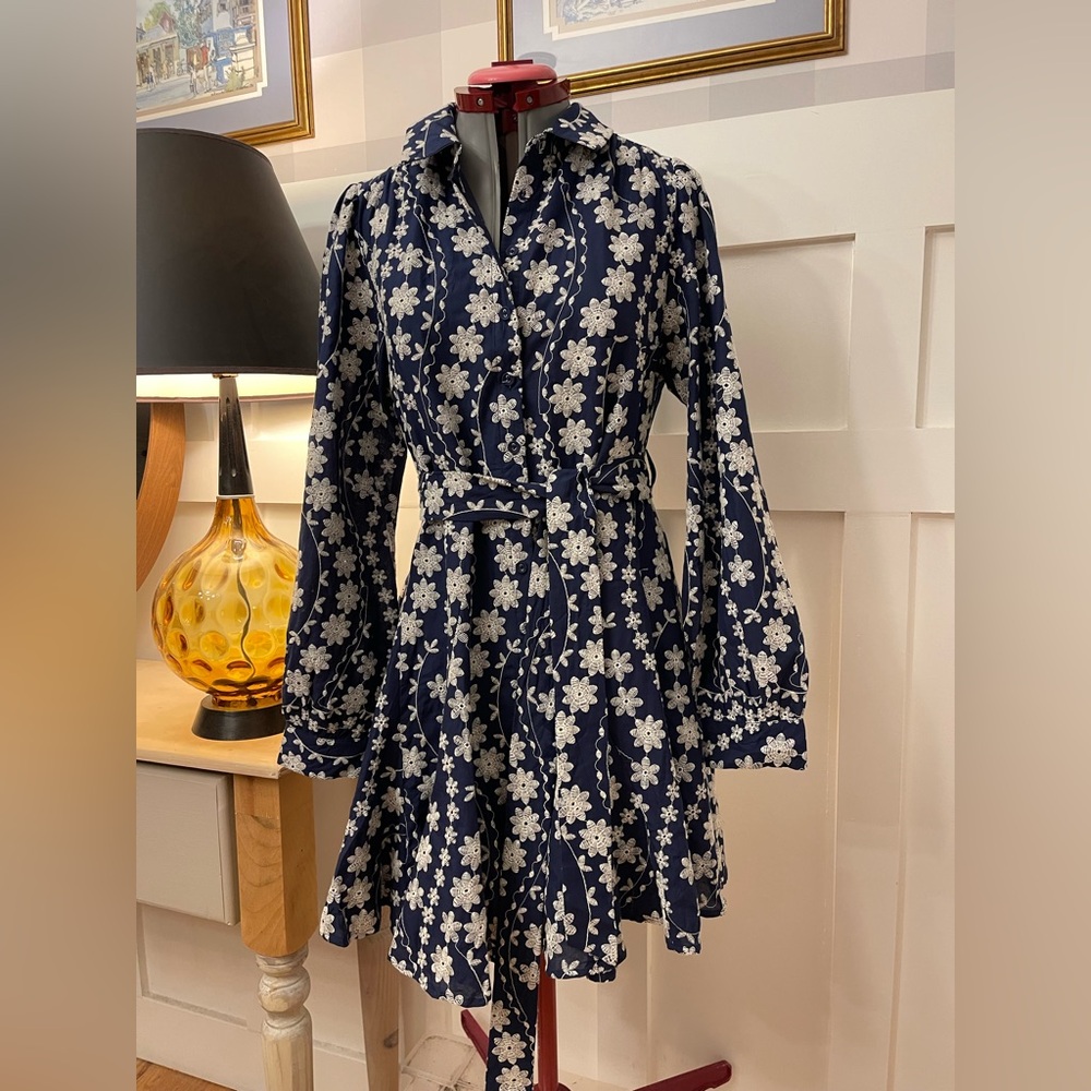 Floral Long Sleeve Dress - Navy and White